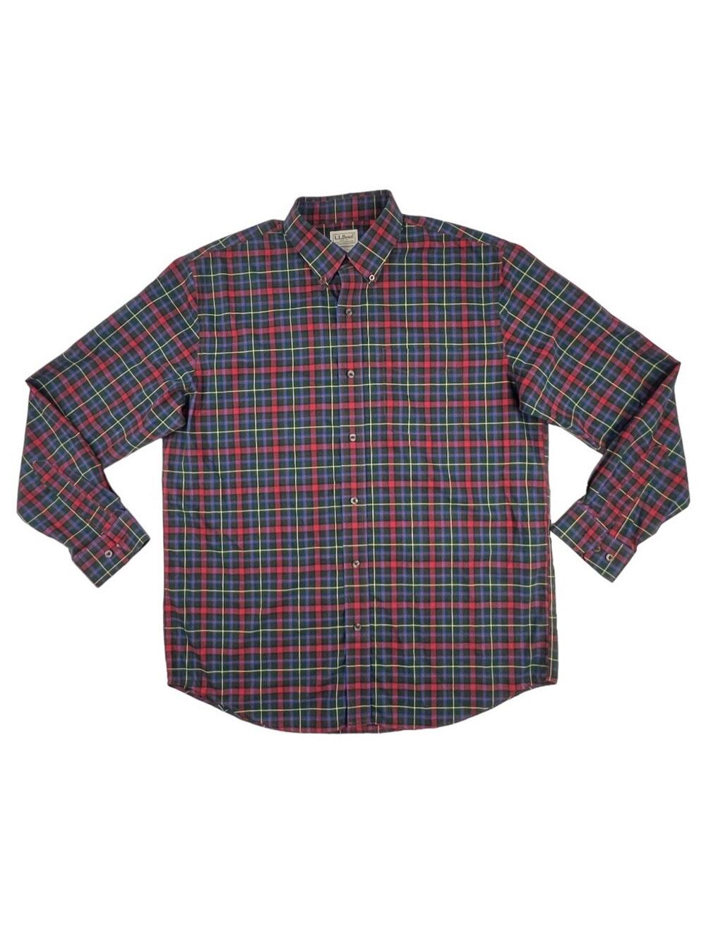 L.L. Bean Shirt Tartan Plaid Red Green Blue Button Down Traditional Fit Large